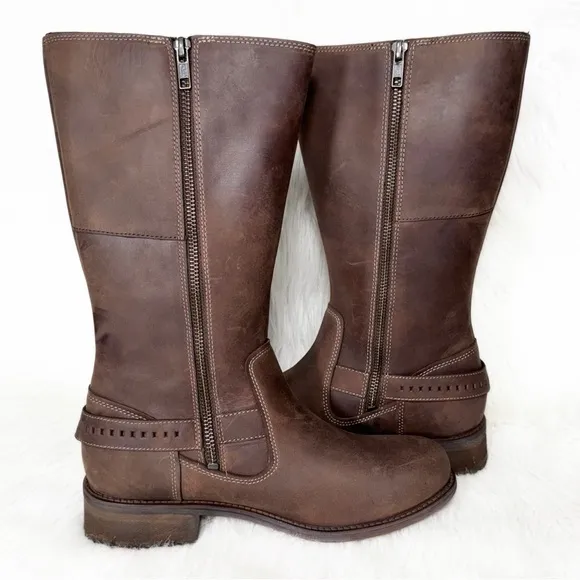 UGG Brown Distressed Buffed Leather Strappy Moto Sherpa Tall Riding Boots 9