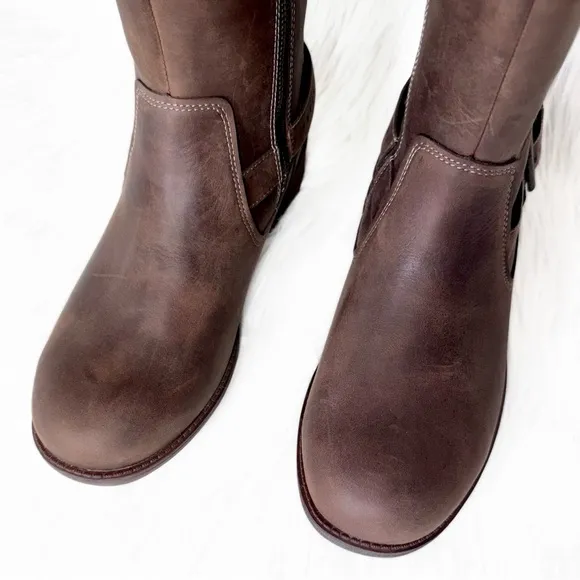 UGG Brown Distressed Buffed Leather Strappy Moto Sherpa Tall Riding Boots 9