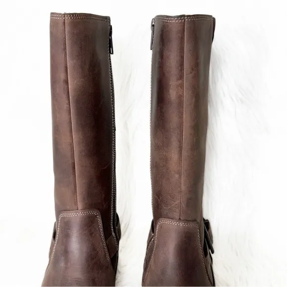 UGG Brown Distressed Buffed Leather Strappy Moto Sherpa Tall Riding Boots 9