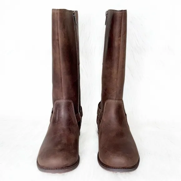 UGG Brown Distressed Buffed Leather Strappy Moto Sherpa Tall Riding Boots 9
