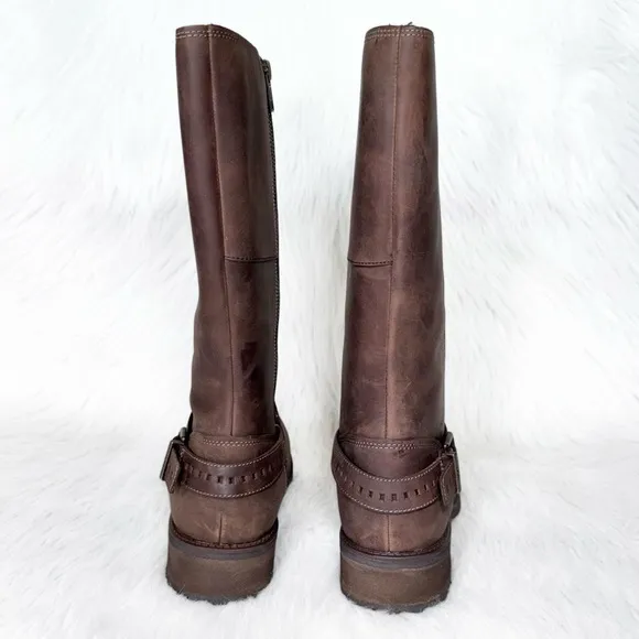 UGG Brown Distressed Buffed Leather Strappy Moto Sherpa Tall Riding Boots 9