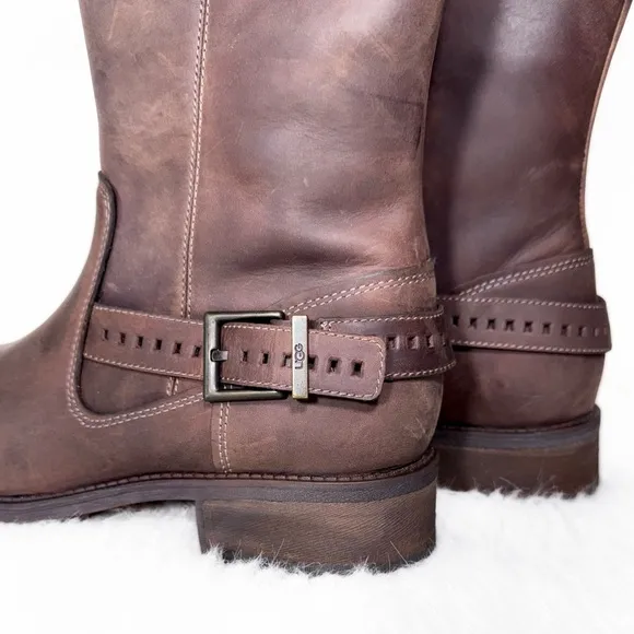 UGG Brown Distressed Buffed Leather Strappy Moto Sherpa Tall Riding Boots 9