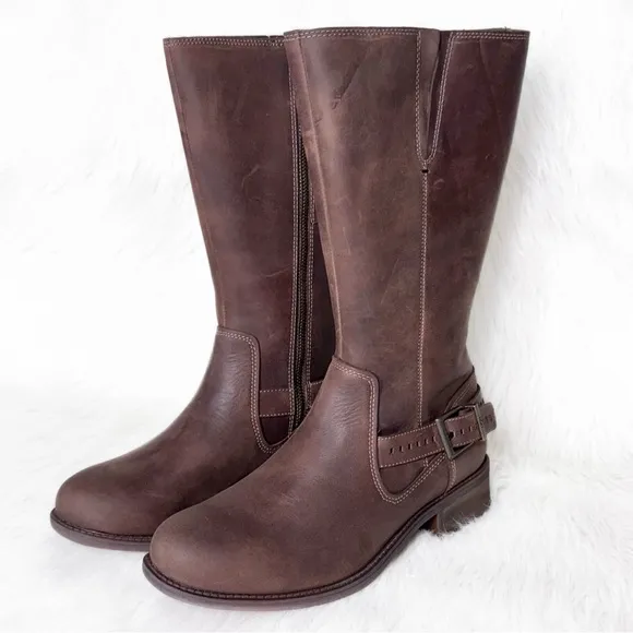 UGG Brown Distressed Buffed Leather Strappy Moto Sherpa Tall Riding Boots 9