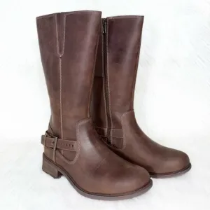 UGG Brown Distressed Buffed Leather Strappy Moto Sherpa Tall Riding Boots 9
