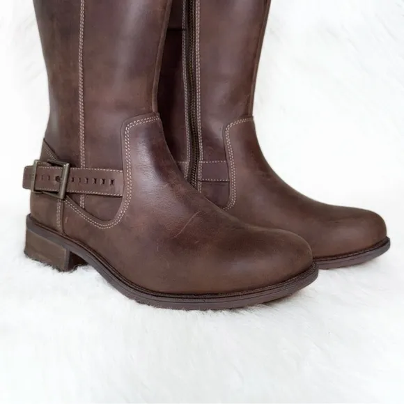UGG Brown Distressed Buffed Leather Strappy Moto Sherpa Tall Riding Boots 9