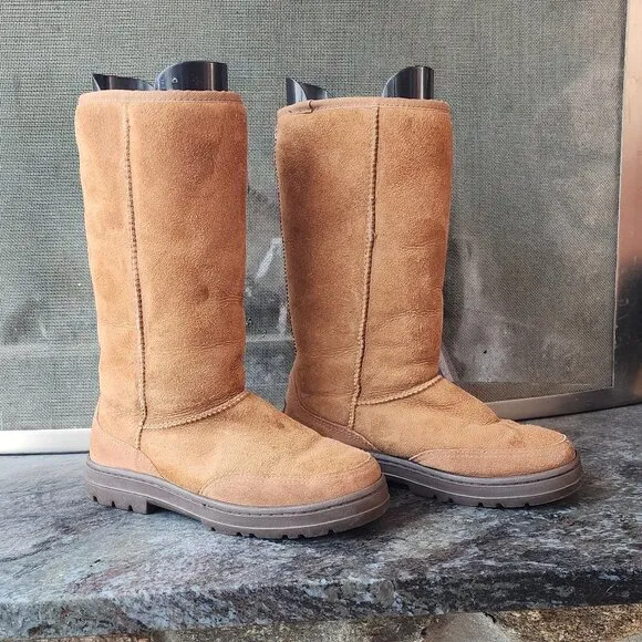 UGG Brown Suede Leather Tall Braided Back Boots Size 8