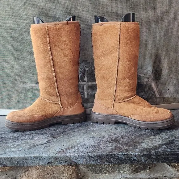 UGG Brown Suede Leather Tall Braided Back Boots Size 8