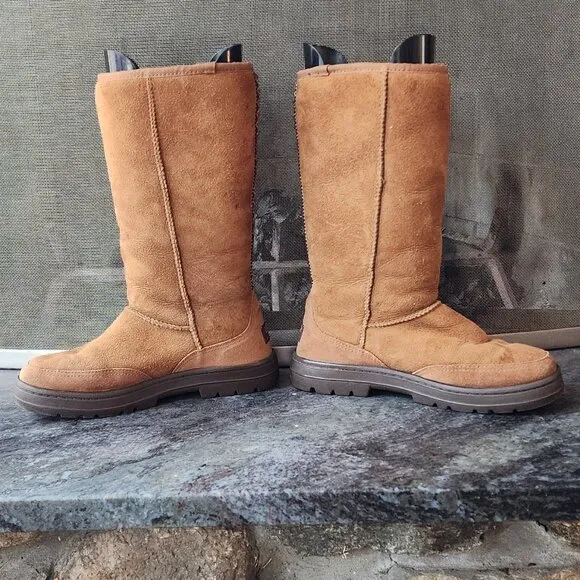 UGG Brown Suede Leather Tall Braided Back Boots Size 8