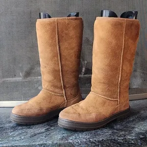 UGG Brown Suede Leather Tall Braided Back Boots Size 8