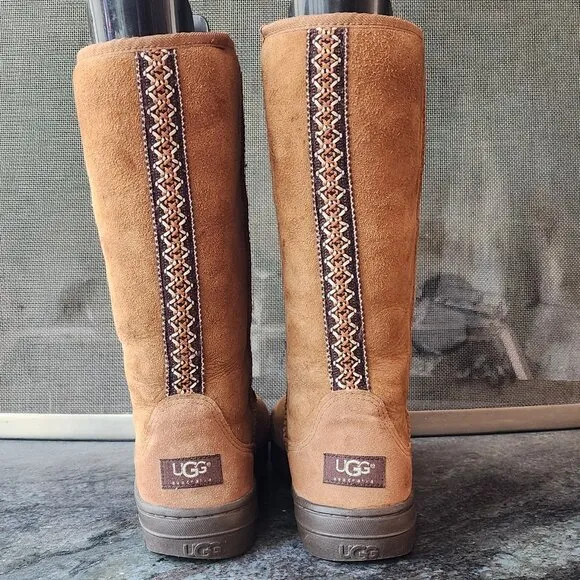 UGG Brown Suede Leather Tall Braided Back Boots Size 8