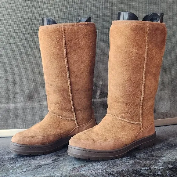 UGG Brown Suede Leather Tall Braided Back Boots Size 8
