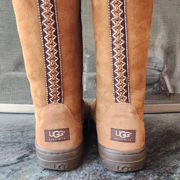 UGG Brown Suede Leather Tall Braided Back Boots Size 8
