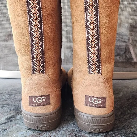 UGG Brown Suede Leather Tall Braided Back Boots Size 8