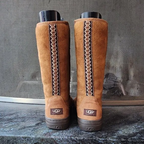 UGG Brown Suede Leather Tall Braided Back Boots Size 8