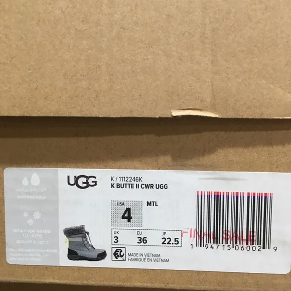 UGG BUTTE II CWR SNOW BOOTS -METAL GRAY WATERPROOF LEATHER -KIDS US 4 -NEW