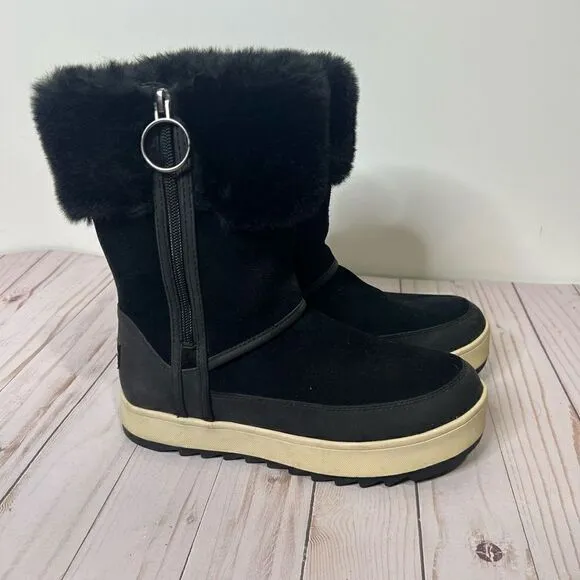 UGG by Koolaburra Tynlee Black Suede Leather Faux Fur Lined Zip Up Boots Winter