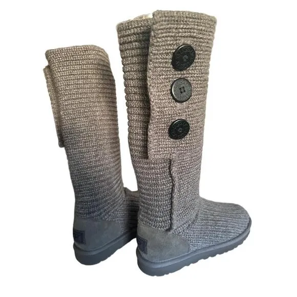 UGG Cardy Knit Boots Womens Size 9 Grey Knee-High Logo Button Accents