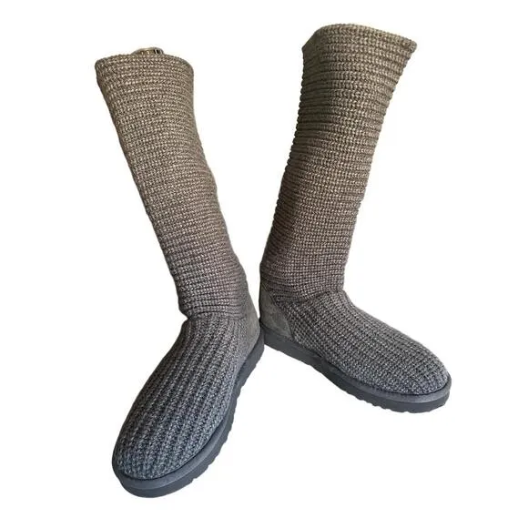 UGG Cardy Knit Boots Womens Size 9 Grey Knee-High Logo Button Accents
