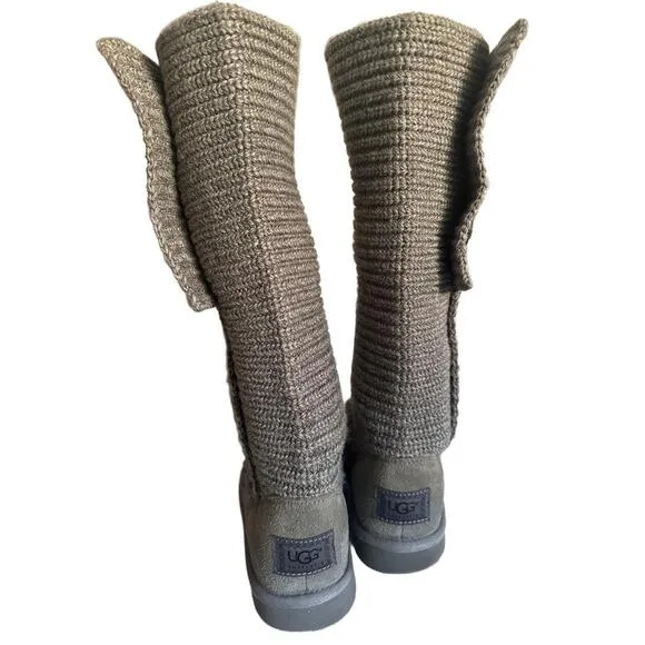 UGG Cardy Knit Boots Womens Size 9 Grey Knee-High Logo Button Accents