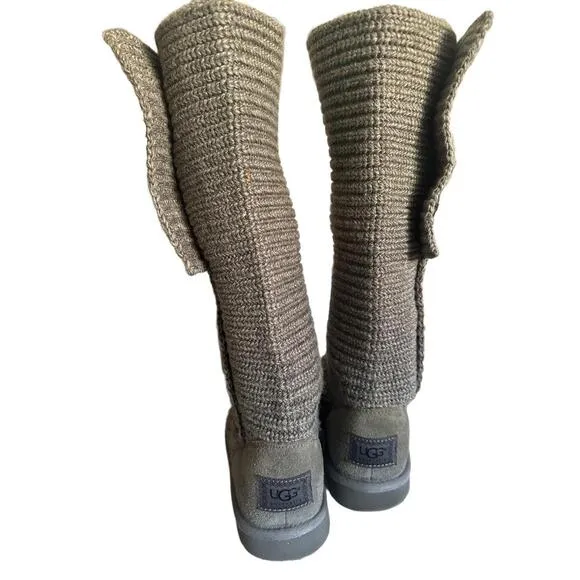 UGG Cardy Knit Boots Womens Size 9 Grey Knee-High Logo Button Accents