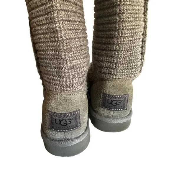 UGG Cardy Knit Boots Womens Size 9 Grey Knee-High Logo Button Accents
