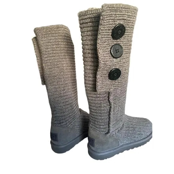 UGG Cardy Knit Boots Womens Size 9 Grey Knee-High Logo Button Accents