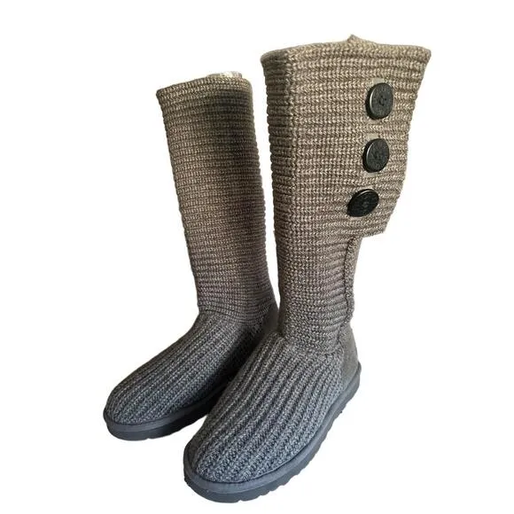 UGG Cardy Knit Boots Womens Size 9 Grey Knee-High Logo Button Accents