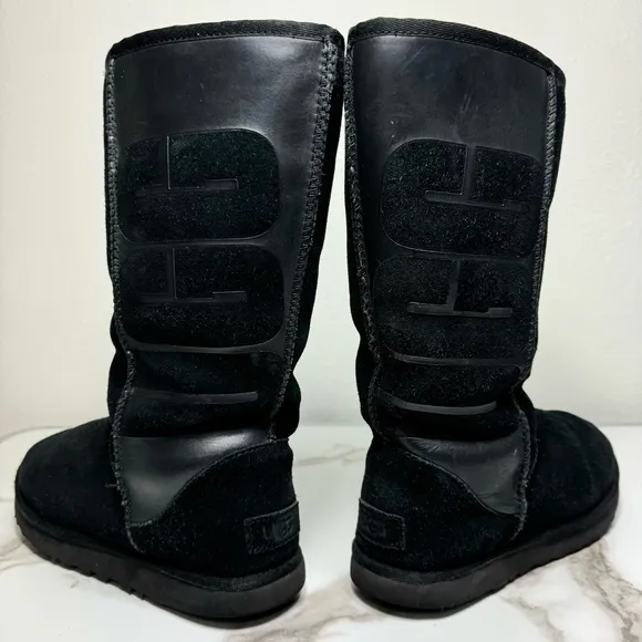 UGG Classic Tall Big Logo Embossed Black Suede Rubber Women’s Winter Boots, 8