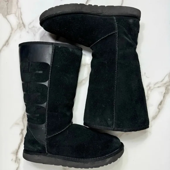 UGG Classic Tall Big Logo Embossed Black Suede Rubber Women’s Winter Boots, 8