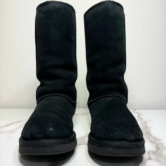 UGG Classic Tall Big Logo Embossed Black Suede Rubber Women’s Winter Boots, 8