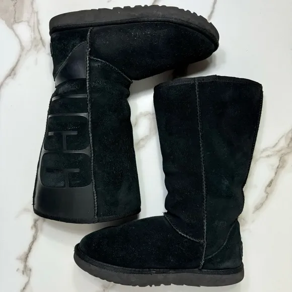 UGG Classic Tall Big Logo Embossed Black Suede Rubber Women’s Winter Boots, 8