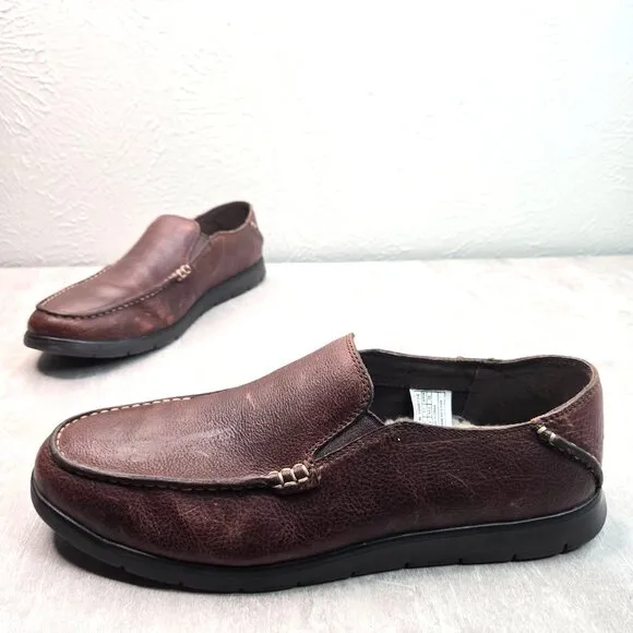 UGG Fur Lined Slipper Moc Loafers Mens Sz 11 Brown Leather Preppy Slip On Shoes