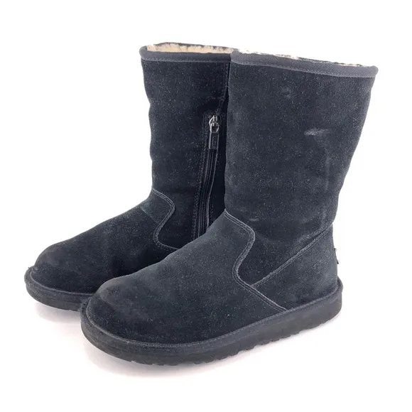 UGG Lil Sunshine Black Leather Sheepskin Winter Boots Kids 4