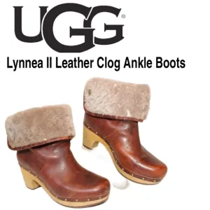 UGG Lynnea II Womens 7 38 Brown Leather Clog Boots Ankle Booties