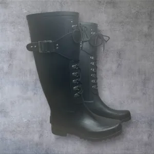 Ugg Madelynn Black Tall Lace Up Rain Boots Womens 6 Equestrian Biker Grunge