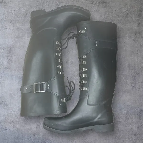 Ugg Madelynn Black Tall Lace Up Rain Boots Womens 6 Equestrian Biker Grunge