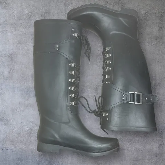 Ugg Madelynn Black Tall Lace Up Rain Boots Womens 6 Equestrian Biker Grunge