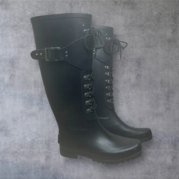 Ugg Madelynn Black Tall Lace Up Rain Boots Womens 6 Equestrian Biker Grunge