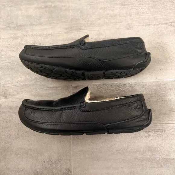 UGG Mens Black Padded Ascot Round Toe Slip on Leather Slippers Shoes 8