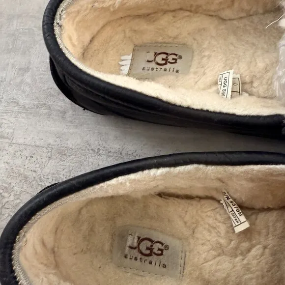 UGG Mens Black Padded Ascot Round Toe Slip on Leather Slippers Shoes 8
