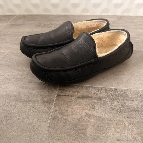 UGG Mens Black Padded Ascot Round Toe Slip on Leather Slippers Shoes 8