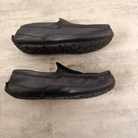 UGG Mens Black Padded Ascot Round Toe Slip on Leather Slippers Shoes 8