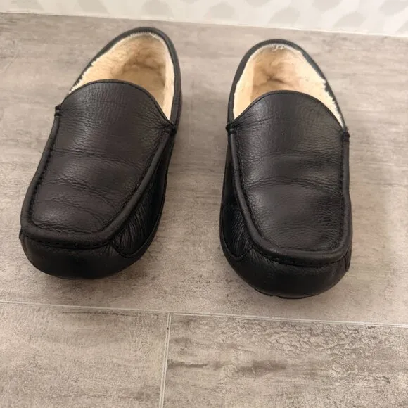 UGG Mens Black Padded Ascot Round Toe Slip on Leather Slippers Shoes 8