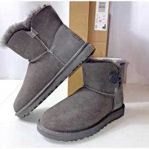 UGG Mini Bailey Button II 1016422 Women Grey Suede Wood Button Winter Boots NIB