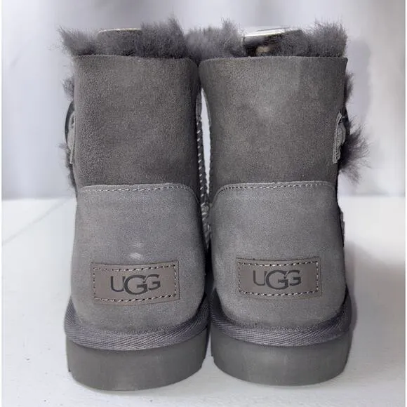 UGG Mini Bailey Button II 1016422 Women Grey Suede Wood Button Winter Boots NIB