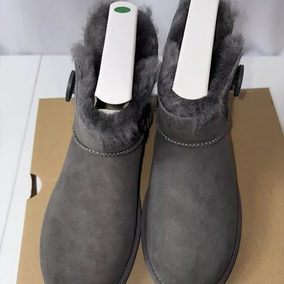 UGG Mini Bailey Button II 1016422 Women Grey Suede Wood Button Winter Boots NIB