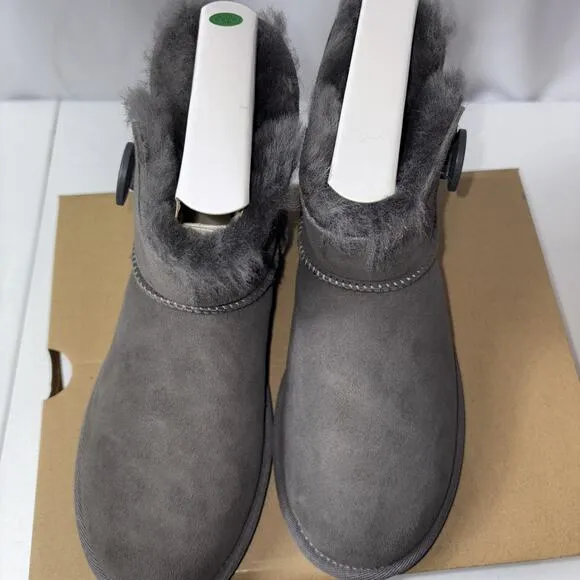 UGG Mini Bailey Button II 1016422 Women Grey Suede Wood Button Winter Boots NIB