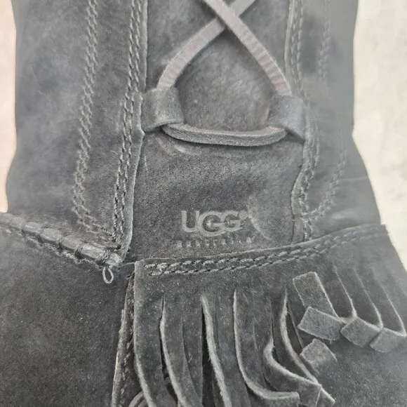 UGG Shearling Winter Wedge Boots Size 8 Black Suede Sheepkin Fur Lined Knee high