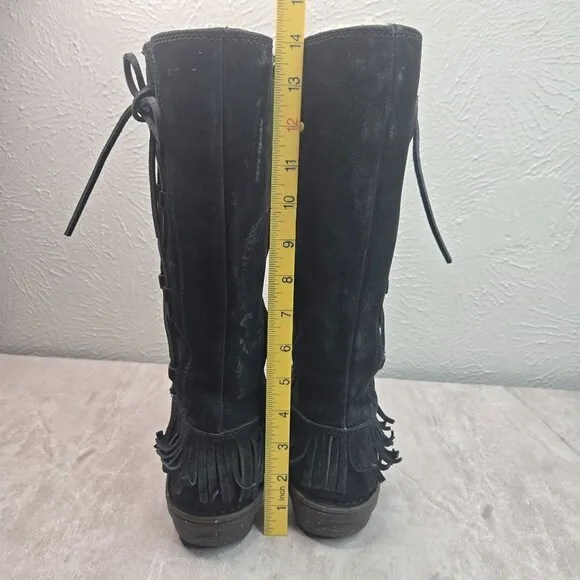 UGG Shearling Winter Wedge Boots Size 8 Black Suede Sheepkin Fur Lined Knee high