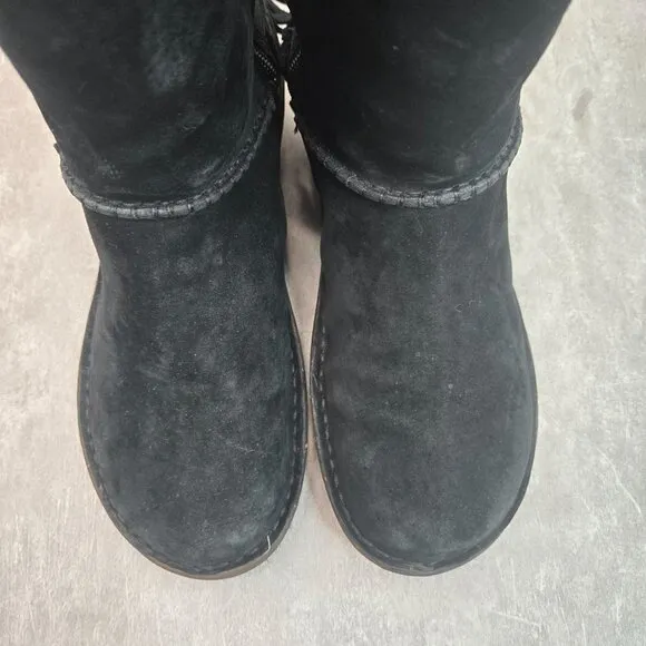 UGG Shearling Winter Wedge Boots Size 8 Black Suede Sheepkin Fur Lined Knee high